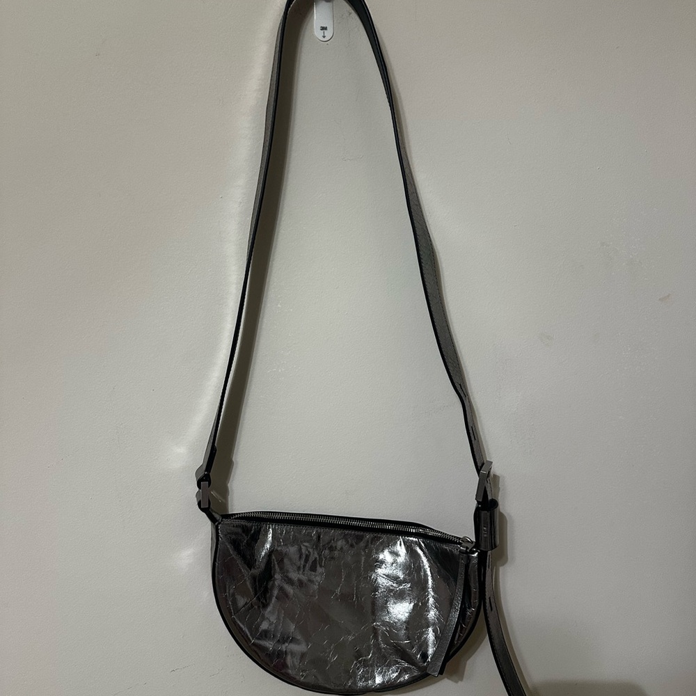 NEW All Saints Half Moon Metallic Leather Crossbody Bag - Picture 5 of 10